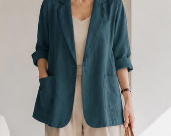 Damen Baumwoll-Leinen-Blazer, leichter, locker sitzender Anzug, Frühlings-Sommer-Oberbekleidung