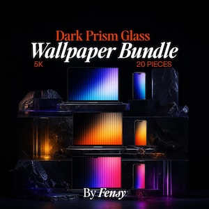 Könnte beinhalten: Dark Prism Glass Wallpaper Bundle 5K 20 Pieces By Fensy. Digitale Anzeige mit Laptops und Smartphones, die vertikale Farbverläufe in Blau, Orange und Pink auf einem dunklen, texturierten, felsigen Hintergrund zeigen.