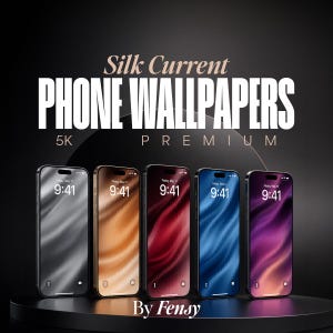 以下が含まれることがあります： 5台のスマートフォンが並んでおり、それぞれシルバー、ゴールド、レッド、ブルー、パープルのシルク調の壁紙が表示されています。テキストには「Silk Current PHONE WALLPAPERS 5K PREMIUM By Fensy」とあり、各画面には9:41と表示されています。