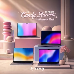 May include: Four laptops display vibrant, abstract gradient wallpapers with vertical lines. The text "5K Candy Aurora Wallpaper Pack 10 PIECES" appears at the top, and "By Fensy" is at the bottom. The scene features pink and blue geometric pedestals.