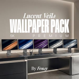Peut inclure: Un affichage de produit numérique avec le texte Lucent Veils WALLPAPER PACK 5K PREMIUM By Fensy. Cinq écrans d'ordinateur sont disposés sur un bureau, chacun affichant un fond d'écran abstrait différent avec des traînées lumineuses diagonales orange, bleu, violet, argent et gris foncé.
