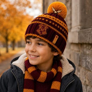 May include: A maroon and gold knit beanie featuring a pom-pom on top, a golden snitch emblem, and a central crest with the letter H. The beanie includes a small leather-like tag with a star icon and is paired with a matching maroon and gold striped scarf.