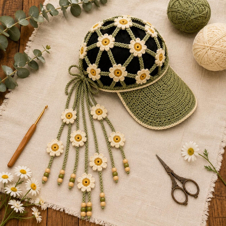 Crochet Daisy Sun Hat Pattern PDF | Floral Summer Cap With Flower Vines ...
