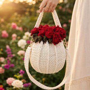May include: A round, cream-colored crochet handbag featuring a cluster of deep red crocheted roses and dark green leaves at the top. The bag has a textured, ribbed pattern and includes a matching cream-colored crochet shoulder strap.