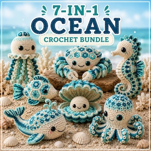 Puede incluir: Un conjunto de 7 criaturas marinas tejidas a ganchillo que incluye una medusa, un cangrejo, un caballito de mar, un pez, una ballena, un pulpo y una perla en una concha. Cada pieza está elaborada en tonos crema, azul y turquesa con detalles.
