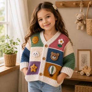 Crochet Kids Cardigan Pattern PDF | Patchwork Animal Sweater with Bear, Flower & Star | Color Block Baby Cardigan | Digital Download