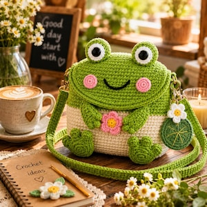 May include: A green and cream crochet crossbody bag shaped like a frog with large white and black eyes, pink cheeks, and a small pink flower held by its arms. A small green lily pad charm with a white flower hangs from the side strap.