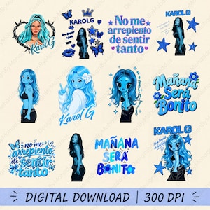 May include: A collection of digital graphic designs featuring blue-toned illustrations of Karol G, including text elements like "No me arrepiento de sentir tanto" and "Mañana Será Bonito," alongside blue stars, butterflies, and hearts.