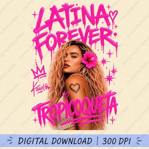 May include: A digital graphic featuring a person with long wavy blonde hair and a pink hibiscus flower tucked behind one ear. The text reads LATINA FOREVER and TROPICOQUETA in bright pink graffiti-style font, with a crown and heart icon.