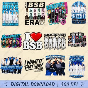 Puede incluir: Una colección de doce diseños gráficos digitales que presentan al grupo musical Backstreet Boys. Las imágenes incluyen retratos de los miembros de la banda, fotos grupales, el texto "Backstreet Boys", "Millennium", "I Want It That Way", "BSB" y "Era Since '93", junto con iconos de corazones y elementos de interfaz musical.