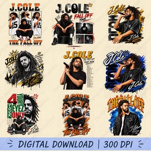 Op de afbeelding: Een digitale collectie van negen grafische ontwerpen met J. Cole. De illustraties bevatten portretten, concertscènes en tourteksten zoals The Fall Off, 4 Your Eyez Only en tourdata. De ontwerpen gebruiken de kleuren zwart, wit, oranje en blauw.