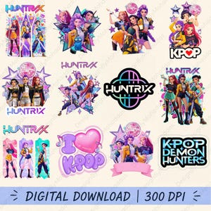 May include: A digital collection of K-pop themed graphic illustrations featuring stylized characters, disco balls, stars, and hearts. The designs include the text Huntrix and K-pop Demon Hunters in vibrant colors, presented as a digital download at 300 DPI.