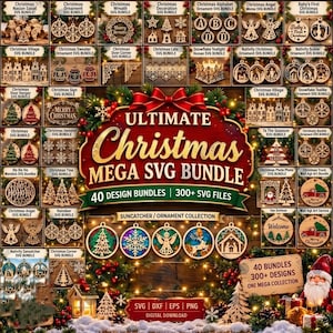 May include: A digital collection of 40 Christmas-themed SVG design bundles featuring over 300 files. The image displays various laser-cut style ornaments, signs, and decorations including angels, snowflakes, nativity scenes, and trees.