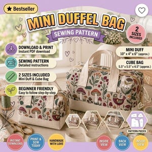 Puede incluir: Un patrón de costura para un mini bolso de lona y un bolso cubo en tela beige con un estampado colorido de setas y pájaros. El patrón incluye dos tamaños: un mini bolso de 25,4 x 10,2 x 15,2 cm y un bolso cubo de 14 x 14 x 11,4 cm.