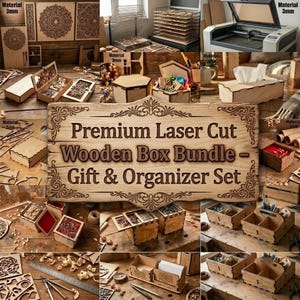 May include: A collection of laser-cut wooden boxes and organizers featuring intricate patterns, including tissue holders, storage chests, and desk accessories. The set includes various 3mm thick wooden components and a laser cutting machine in operation.