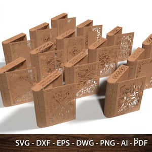 May include: A collection of light brown wooden book covers featuring intricate laser-cut floral and geometric patterns. Each cover has a flexible, ribbed spine and a cutout design on the front panel. Text at the bottom reads SVG - DXF - EPS - DWG - PNG - AI - PDF.