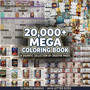 Może przedstawiać: Cyfrowa kolekcja ponad 20 000 stron do kolorowania z szeroką gamą motywów, w tym mandalami, wzorami kwiatowymi, fantastycznymi krajobrazami, uroczymi postaciami i skomplikowanymi wzorami, dostępna w formatach A4 i letter do druku.