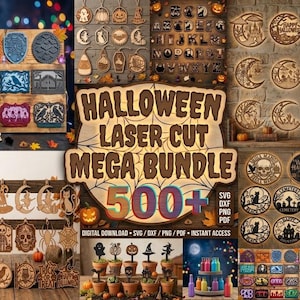 Op de afbeelding: Een digitale collectie van Halloween lasergesneden ontwerpen met diverse houten ornamenten, borden en decoraties met motieven zoals pompoenen, schedels, katten en manen. De centrale tekst luidt HALLOWEEN LASER CUT MEGA BUNDLE 500+ SVG DXF PNG PDF.
