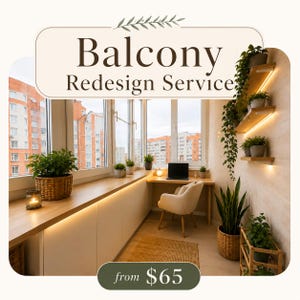 Op de afbeelding: Een advertentie voor een balkonherontwerpservice met een lichte, moderne balkonwerkplek met licht houten oppervlakken, witte kasten, een crèmekleurige stoel, een laptop en diverse groene kamerplanten op planken en de vloer.