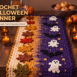Könnte beinhalten: Ein rechteckiger Häkel-Tischläufer mit einem Farbverlauf von Creme zu Violett. Der cremefarbene Bereich zeigt verschiedene Herbstblätter in Braun, Orange und Gelb. Der violette Bereich ist mit weißen Geister- und schwarzen Fledermaus-Applikationen verziert.