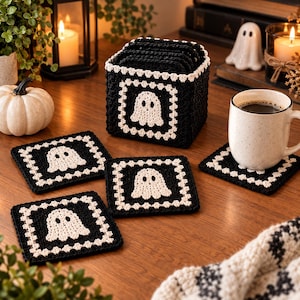 Geister-Untersetzer-Häkelanleitung (PDF) – Halloween-Untersetzer-Set mit Aufbewahrungsbox – Gruselig-niedlich für Anfänger (Download)