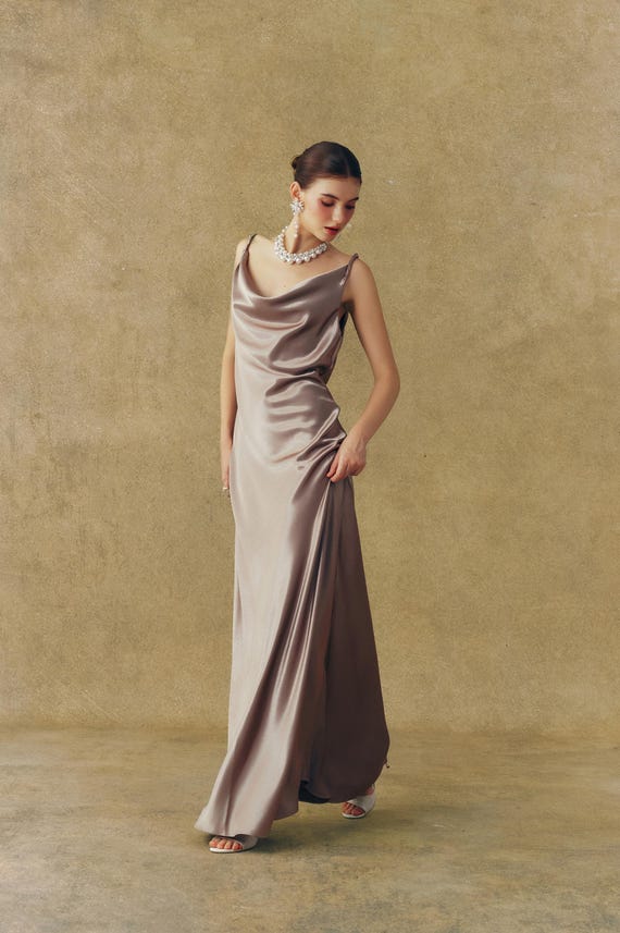 Taupe Satin Maxi Dress – Cowl Neck, Draped Open Back, Bias Cut Formal Gown