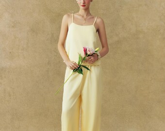 Damen Satin Pyjama Set, Butter Gelb Weites Bein Lounge Loungewear