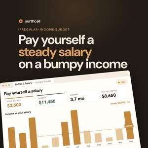 May include: A digital interface for an irregular-income budget tool by northcell. The screen displays the text 'Pay yourself a steady salary on a bumpy income' above a Google Sheets dashboard showing financial data, including a salary of $3,500.