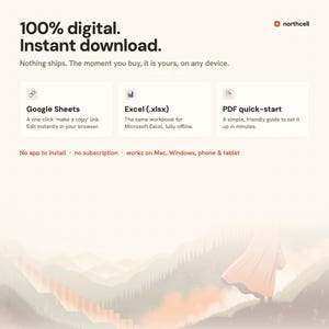 May include: A digital product information graphic featuring the text 100% digital. Instant download. Northcell logo, and three boxes detailing Google Sheets, Excel (.xlsx), and PDF quick-start. Includes text: No app to install, no subscription, works on Mac, Windows, phone & tablet.
