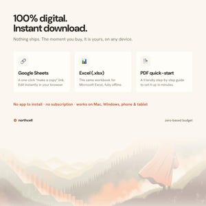 May include: A digital budget planner product listing featuring text 100% digital. Instant download. Includes Google Sheets, Excel (.xlsx), and PDF quick-start guide. Text states no app to install, no subscription, works on Mac, Windows, phone & tablet.