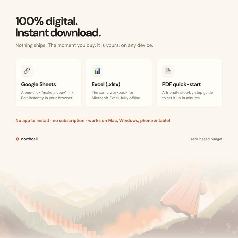 May include: A digital budget planner product listing featuring text 100% digital. Instant download. Includes Google Sheets, Excel (.xlsx), and PDF quick-start guide. Text states no app to install, no subscription, works on Mac, Windows, phone & tablet.