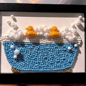 Beaded Bubble Bath Art: Rubber Duckies, Blue White Gold Accents (5x7 Frame)