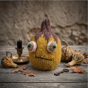 May include: A hand-knitted plush toy shaped like a pumpkin with a yellow body, a dark purple stem, and two large, round, protruding eyes with green pupils. The toy features a simple horizontal stitched line for a mouth and a textured yarn finish.