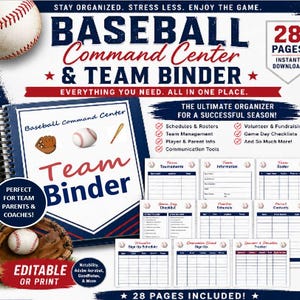 Puede incluir: Un organizador de equipo y centro de mando de béisbol de 28 páginas con horarios, listas y listas de verificación. La portada muestra el texto Baseball Command Center & Team Binder con gráficos de béisbol. Incluye formularios editables.