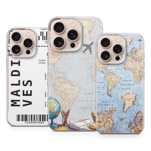 May include: Three smartphone cases featuring travel themes. The left case is a white boarding pass for the Maldives. The center case shows a world map with a globe and stationery. The right case displays a detailed vintage-style world map.