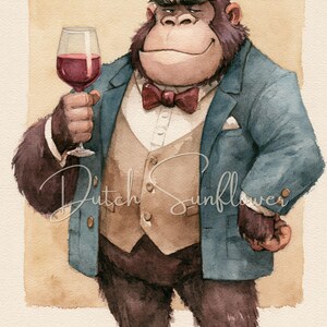 Dapper Gorilla Watercolor Print | Gentleman Animal Portrait, Wine Glass Decor (Digital Download)