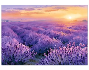 Peut inclure: Une peinture de paysage représentant un vaste champ de lavande sous un ciel au coucher du soleil. Le premier plan montre des tiges de lavande violettes détaillées, tandis que l'arrière-plan révèle des champs s'étendant vers l'horizon.