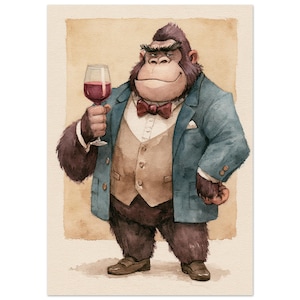 May include: A watercolor illustration of a gorilla wearing a blue blazer, a beige vest, and a red bow tie. The gorilla is holding a glass of red wine in its right hand. The artwork features a textured, light brown background behind the figure.