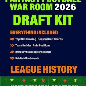Puede incluir: Un gráfico digital azul oscuro titulado FANTASY FOOTBALL WAR ROOM 2026 DRAFT KIT. Enumera características que incluyen Top 300 Ranking, Season Draft Boards, Team Builder, Auto Positions, Draft Day Stats, Rosters Reports, Side Bets y Punishments.