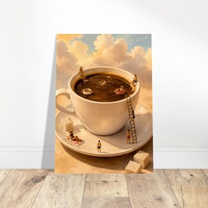 May include: A surreal art print featuring a large white ceramic coffee cup filled with dark liquid acting as a swimming pool. Tiny figures lounge on the rim, swim with inner tubes, and climb a wooden ladder. Two sugar cubes sit on the saucer.