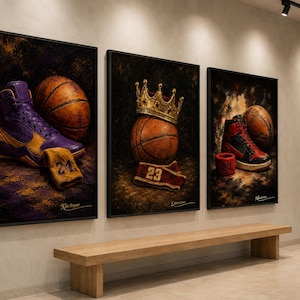 Kobe Bryant LeBron James Michael Jordan Wall Art Set of 3, Basketball Shoe and Ball Prints, NBA Legends Home Gym Decor, Sports Fan Gift