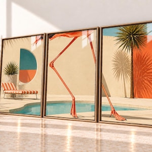 May include: A triptych wall art set featuring a continuous outdoor scene with a swimming pool, a striped lounge chair, a palm tree, and the long pink legs of a flamingo. The composition uses warm beige, bright orange, and teal blue tones.