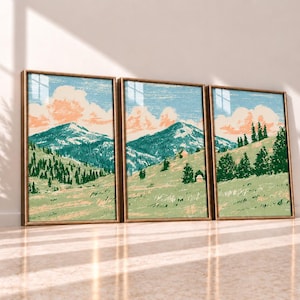 Väggkonst med bergslandskap, set om 3, retro alpina tryck, triptyk med tallskog, naturdekoration i mitten av århundradet, present till vandringsälskare i hemmet