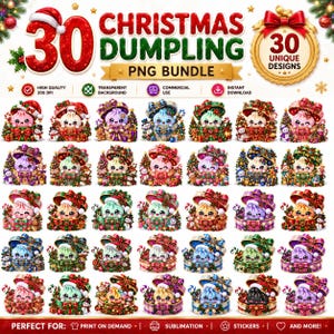 Könnte beinhalten: Ein digitales Paket mit 30 Weihnachts-Dumpling-Illustrationen, die verschiedene bunte Charaktere in festlichen Geschenkboxen mit Schleifen, Ornamenten und Tannengrün zeigen. Der Text lautet 30 CHRISTMAS DUMPLING PNG BUNDLE und 30 UNIQUE DESIGNS.