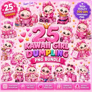 Può includere: Una collezione digitale di 25 illustrazioni di personaggi a forma di raviolo in tonalità rosa, impegnati in attività come leggere, cucinare e fare shopping. Il testo riporta 25 Adorable Designs, 25 Kawaii Girl Dumpling PNG Bundle e High Quality 300 DPI.