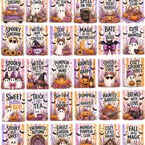 May include: A collection of thirty rectangular cards featuring Halloween-themed illustrations of ghosts, pumpkins, and floral arrangements. Each card includes unique text such as Pumpkin Dreams, Spooky Season, and Trick or Treat Yourself.