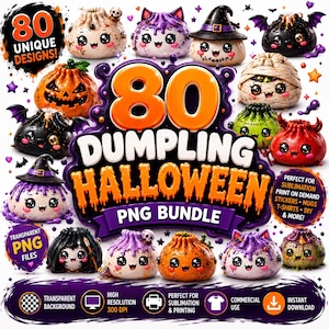 以下が含まれることがあります： 80種類のユニークなハロウィーン風ダンプリングキャラクターと可愛い顔が描かれたデジタルグラフィックバンドル。中央のテキストには「80 DUMPLING HALLOWEEN PNG BUNDLE」と書かれています。カボチャ、魔女、コウモリ、ミイラなど、鮮やかな色の不気味なデザインが含まれています。