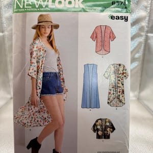 May include: New Look sewing pattern 6378 for a kimono-style cardigan or vest. The envelope displays a floral print duster, a solid blue sleeveless vest, and a dark floral cropped jacket. It includes sizing information for U.S. sizes XS through XL.