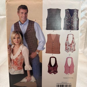 May include: New Look sewing pattern 6839 for vests in all sizes. The envelope features illustrations of six different vest styles labeled A through F, including solid, paisley, and floral patterns, along with a photo of two models wearing vests.