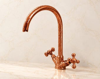 Engraved Copper Kitchen Faucet - Two Cross Handle Gooseneck Tap, Hot & Cold | Handmade Moroccan Bathroom Sink Faucet, Living Patina Finish